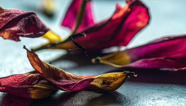 チューリップ Tulip 136 Close-up of Withered Magenta Tulip Petals Scattered on Dark Surface with Dramatic Lighting（暗い表面に散らばった枯れたマゼンタ色のチューリップの花びらとドラマチックな照明のクローズアップ）