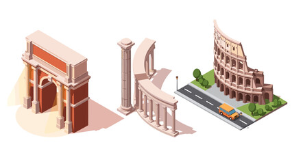 Naklejka premium isometric ancient roman monuments set with arch column and colosseum in flat design