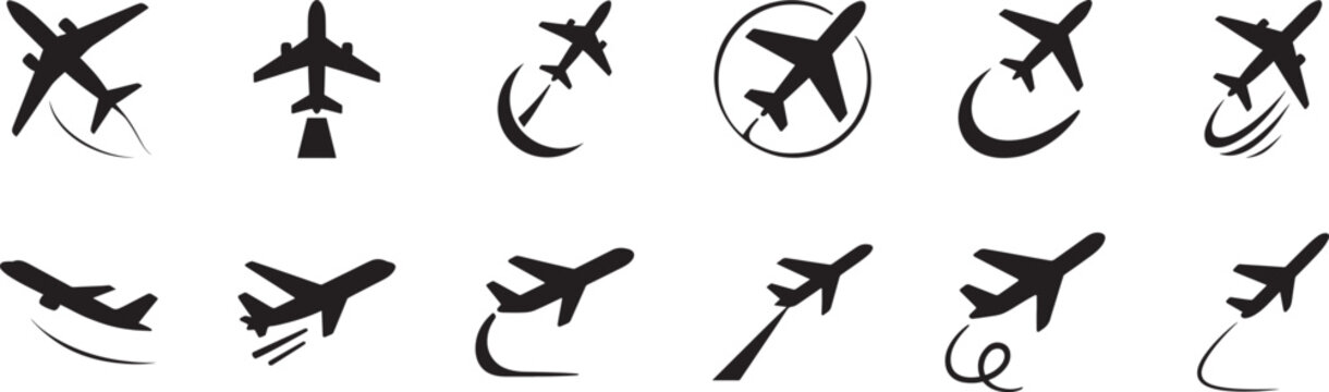 Plane flight icon set, travel, airline, airport, airplane, journey, vacation, vector eps design