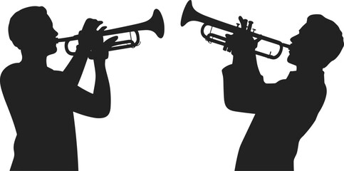 Silhouette musicians playing trumpets facing each other, duet performance vector illustration, musical expression design, artistic isolated black figure of trumpet players © Md