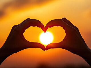Hands forming a heart shape around the sunset on transparent background