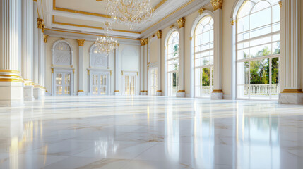 Fototapeta premium Grand neoclassical ballroom features elegant architecture, large windows, and polished marble floors, creating luxurious atmosphere