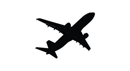 A striking black silhouette of a passenger airplane in flight against a plain white background silhouette high quality professional