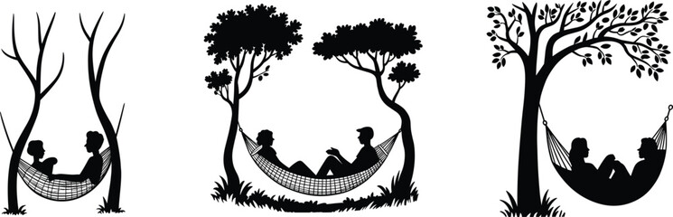 Romantic couple silhouettes relaxing in hammocks under trees, peaceful nature scene, love and togetherness concept, vector illustration for lifestyle, travel, outdoor leisure, and relationship themes © Mst