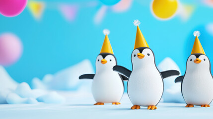 Obraz premium Group of animated penguins celebrating with party hats in festive setting, conveying joy and fun