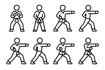 Fototapeta premium karate stick figure icons set showing different fighting and punching poses hand drawn line art
