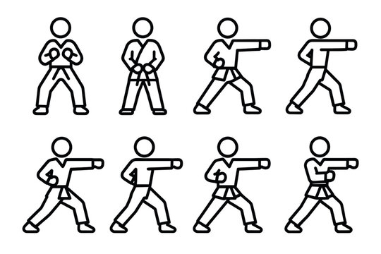 karate stick figure icons set showing different fighting and punching poses hand drawn line art