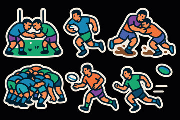 Naklejka premium rugby players in hand drawn colorful stickers with running passing tackling scrum and match scenes