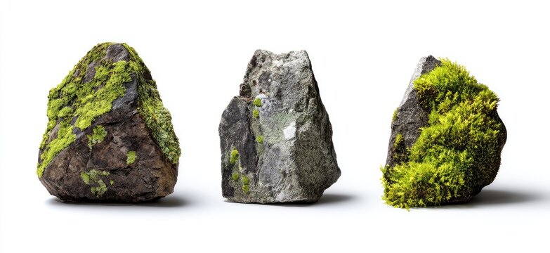 Three rough stones textured with vibrant green moss against a white background