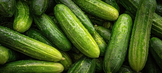The cucumbers arranged in a fresh wet pile ready for cooking or market