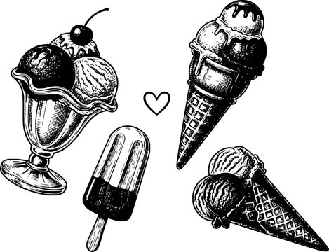 Vintage black and white of ice cream cones, sundae, popsicle and heart white background