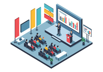 Obraz premium Isometric 3D vector illustration of speaker presenting on stage to audience representing conference event, leadership and professional business communication