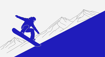 Blue, minimalist illustration of a snowboarder performing tricks against a backdrop of mountains, conveying energy and winter sports excitement. Ideal for posters, graphics, and social media.