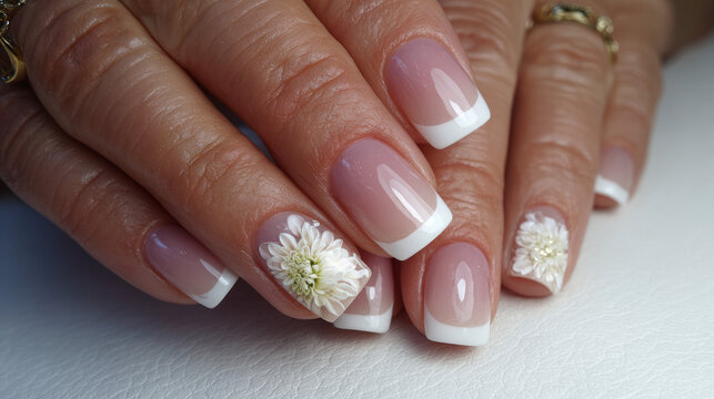 Elegant French Manicure with Chrysanthemum Nail Art on White Background