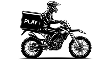 Obraz premium Motorcycle delivery rider on a dirt bike, wearing a helmet and protective gear, in a dynamic black and white illustration, showcasing fast courier service.