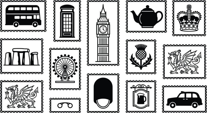 Collection of iconic British symbols displayed as postage stamps isolated on a white background