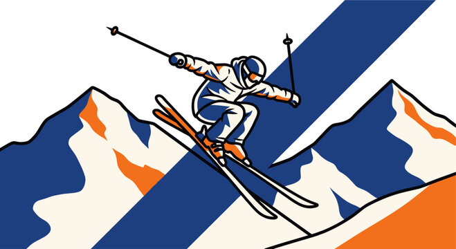 A modern vector graphic depicts a skier jumping mid-air over snowy mountains with a bold, stylized design in white, blue, and orange, evoking a sense of adventure.
