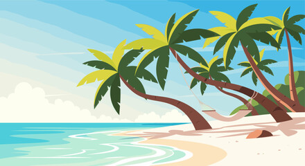 Obraz premium A vibrant cartoon illustration depicts a tropical beach with turquoise water, a white sand beach, and leaning palm trees with a hammock strung between them, creating a serene vacation vibe.