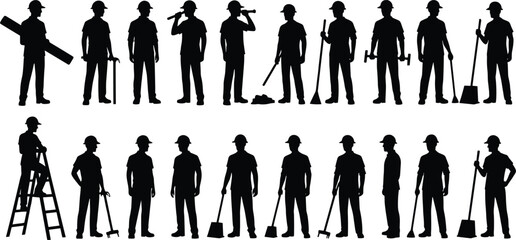 Construction worker silhouette set with tools ladder broom shovel hammer isolated on white background industrial labor vector collection ©  Alexander Creations