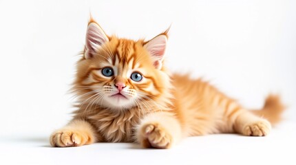 Obraz premium A fluffy orange tabby kitten with bright blue eyes lies on a white background, one paw playfully raised, with soft pink paw pads visible, creating an irresistibly cute and endearing scene.