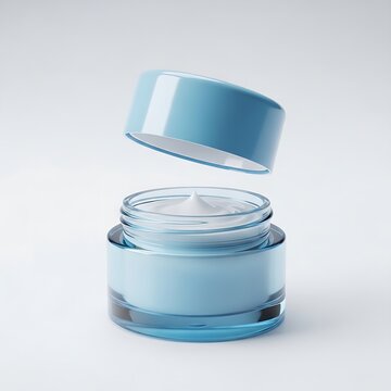 Floating lid over a blue glass moisturizer pot filled with luxurious white face cream in a bright setting.