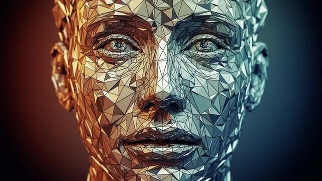 A mosaic portrait of a human face with a split metallic and gold color scheme.