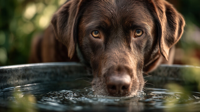 Cute chocolate Labrador Retriever enjoying fresh water