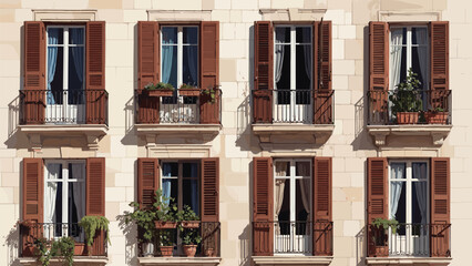 Naklejka premium European apartment building facade with wooden shutters and balconies, vintage architecture exterior with plants, classic urban residential windows vector illustration