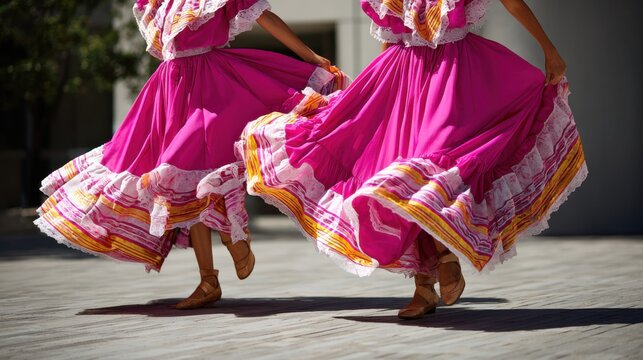 Mexican folkloric dancers in bright pink traditional dresses twirling outdoors. Energetic Cinco de Mayo celebration with vibrant costumes and cultural performance