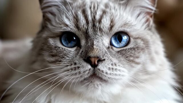 Close up of a fluffy ragdoll cat with striking blue eyes looking directly at the camera.