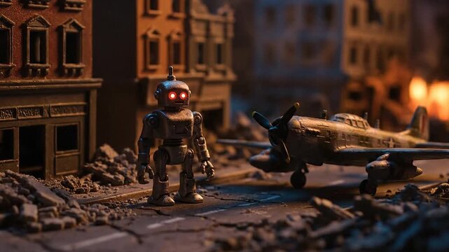 Miniature robot stands amidst war torn city destruction scene