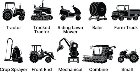 Farm machinery silhouette set, tractor combine baler and agricultural equipment vector illustration isolated on white background, farming icons collection ©  Alexander Creations