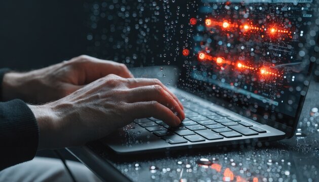 Closeup of hands typing scripts on a laptop with the screen showing batch job execution for autoconfiguring communication devices.