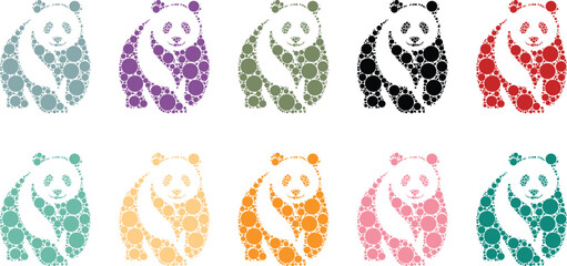 Colorful panda bear silhouettes made from dot pattern design, Panda animal silhouettes created with vibrant circular elements © jakircreativedesign