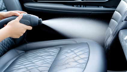 Fototapeta premium A person cleans a car's leather seat using a handheld sprayer, emitting a fine mist