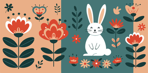 Whimsical white rabbit surrounded by colorful flowers on a vibrant orange background with green leaves and stems