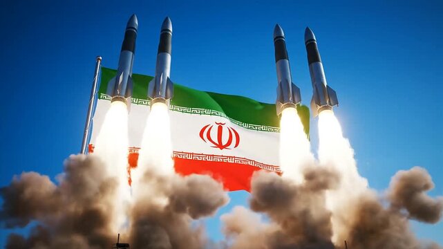 Missiles launching with flag backdrop against blue sky