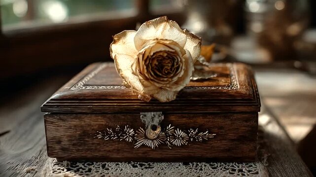 Vintage wooden box with dried rose on lace tablecloth