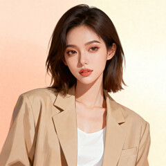 ピーチとクリームのパステル背景にベージュブレザーを着た現代女性ポートレート