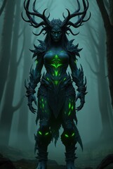 Fototapeta premium Shadow woodland sorceress with antlers and glowing green core