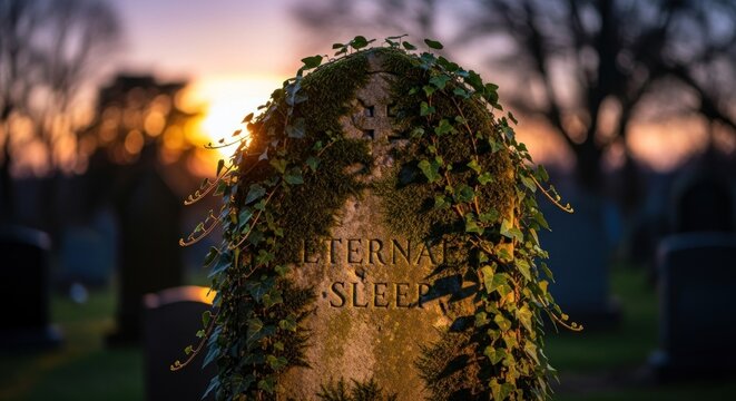 Tombstone inscribed 'Eternal Sleep' covered in ivy at sunset.