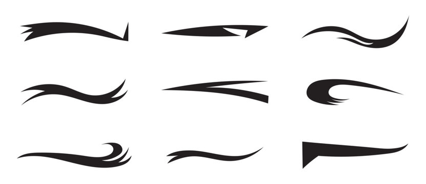 Vector swash swoosh flourish design elements. Curly swish tails and sporty plume swirl logo vector elements for retro banners
