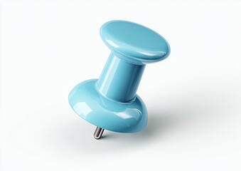 A light blue office thumbtack with a sharp metal pin rests on a white surface