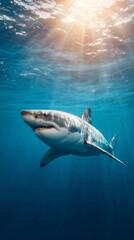 Fototapeta premium A shark is swimming in the ocean with the sun shining on it