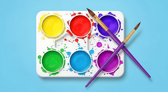 A vibrant paint palette with colorful paints and brushes on a light blue background