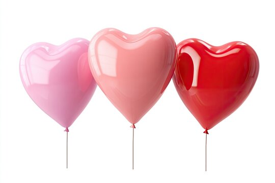 Three heart-shaped balloons in pink and red float against a white background