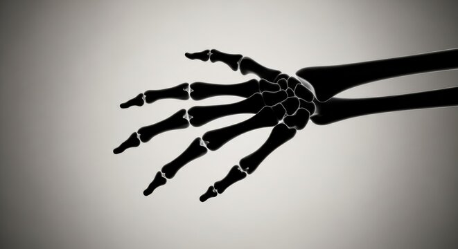 X-ray image of a skeletal hand with visible bones and joints from a lateral viewpoint