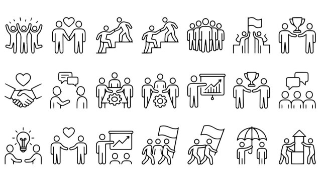 Teamwork & Collaboration Line Art Icons Set on PNG Background, teamwork icons, collaboration icons, support icons, community icons, line art icons, vector icons, people icons, group icons, 
