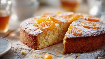 A slice of orange cake with powdered sugar on top