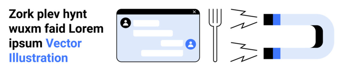 Fototapeta premium Online connectivity, digital interfaces, attraction, engagement, communication ideas, informational tools. Dialogue box, fork and magnet set against a white background. Connectivity and attraction